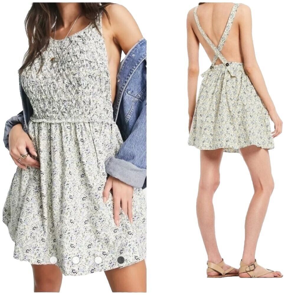 Free People Womens Dress Overhaul Small Blue Floral Sleeveless A-Line Cotton Boh